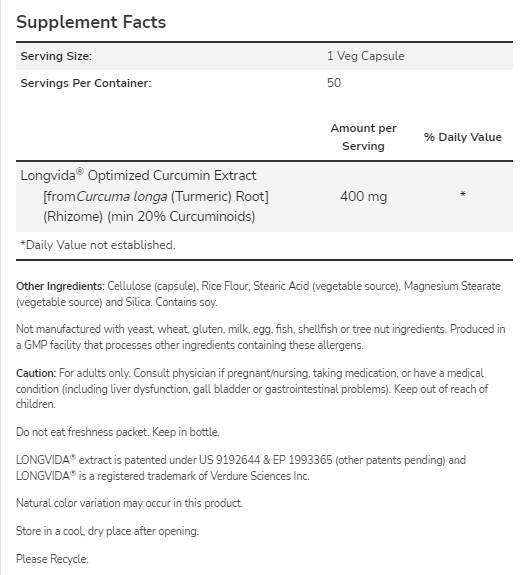 Curcubrain ™ 400 mg | Longvida® Optimalizovaný kurkumín - 50 kapsúl
