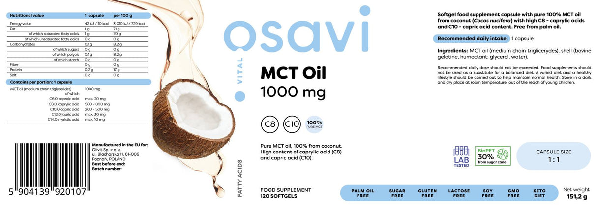 Olej MCT 1000 mg | C8 + C10 - 120 Softgels