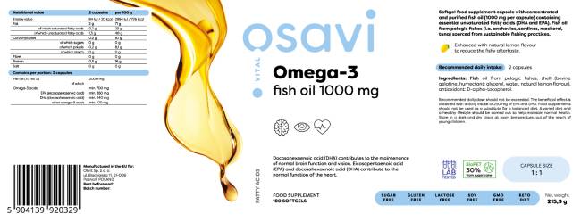 Omega 3 rybí olej 1000 mg / citrónová príchuť - 180 gélových kapsúl