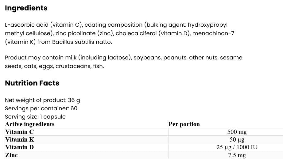 Vitamín D3 2000 + K2 MK-7 / + Vitamín C + zinok 60 kapsúl