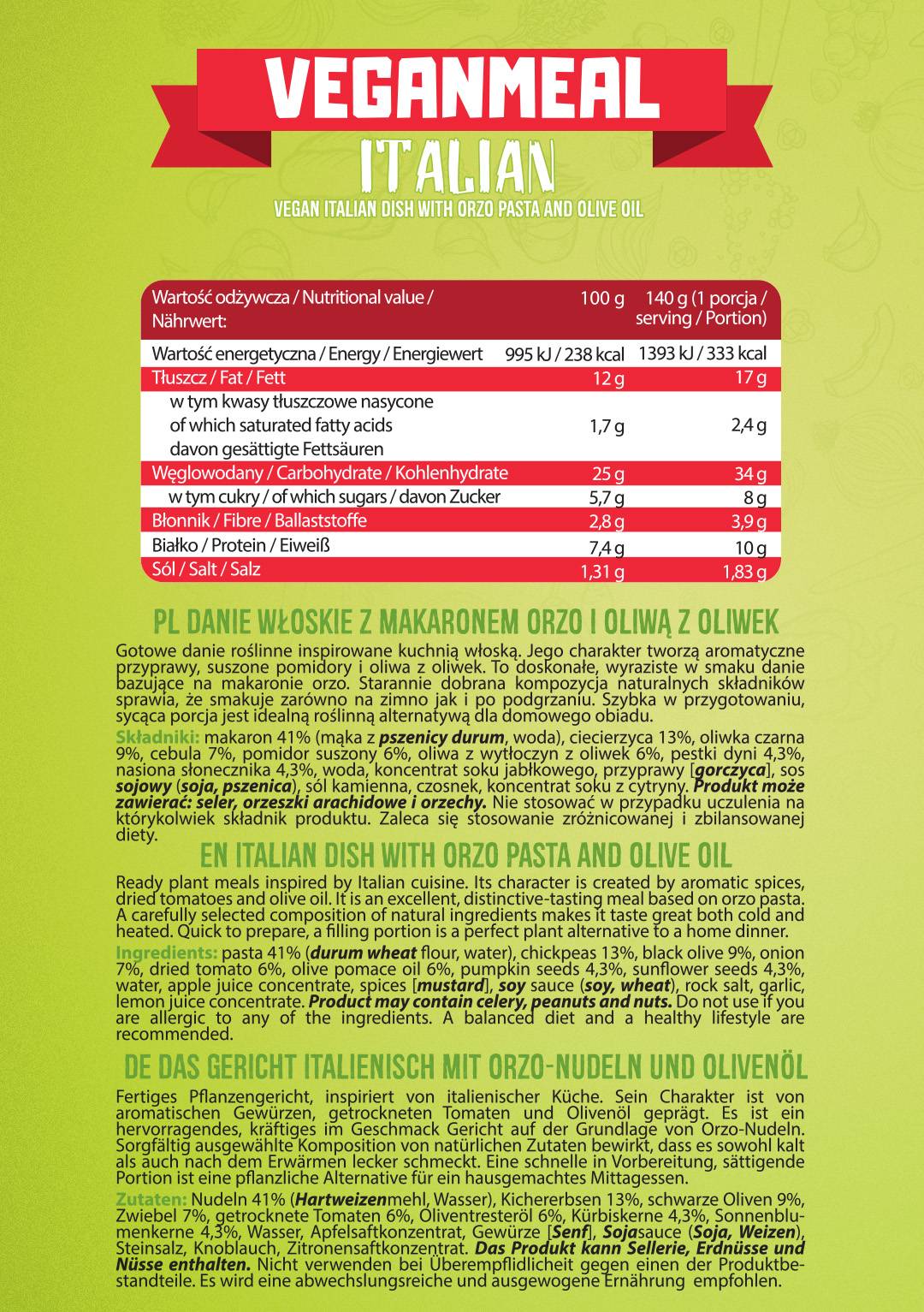 VEGANMEAL TALIANSKO | Pripravené na jedenie s vysokým obsahom bielkovín-280 gramov
