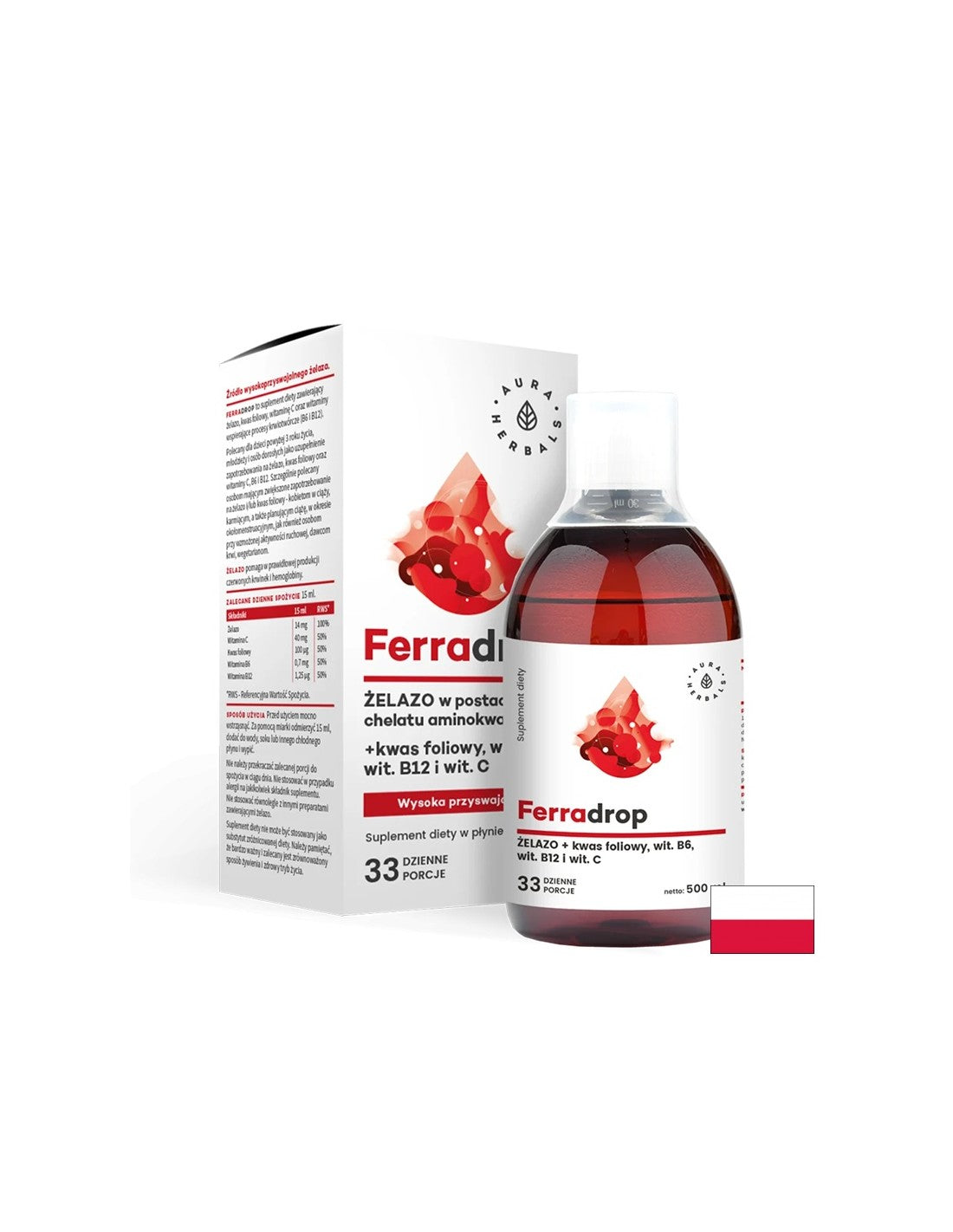 Železo + kyselina listová s vitamínmi C, B6, B12, 500 ml <tc>Aura Herbals</tc>